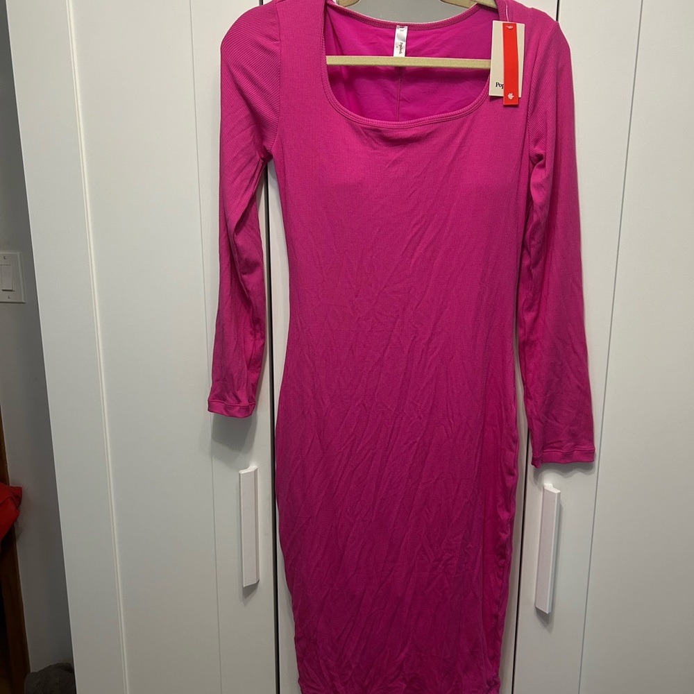 Pink Scoop Neck Bodycon Midi Dress for Cocktail